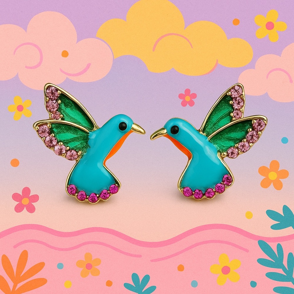 Hummingbird Enamel and Rhinestone Summer Earrings Blue Green
